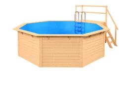 Holzpool Rund Mit Stirnseitiger Terrasse Natur/ Blau - 400 X 400 Cm