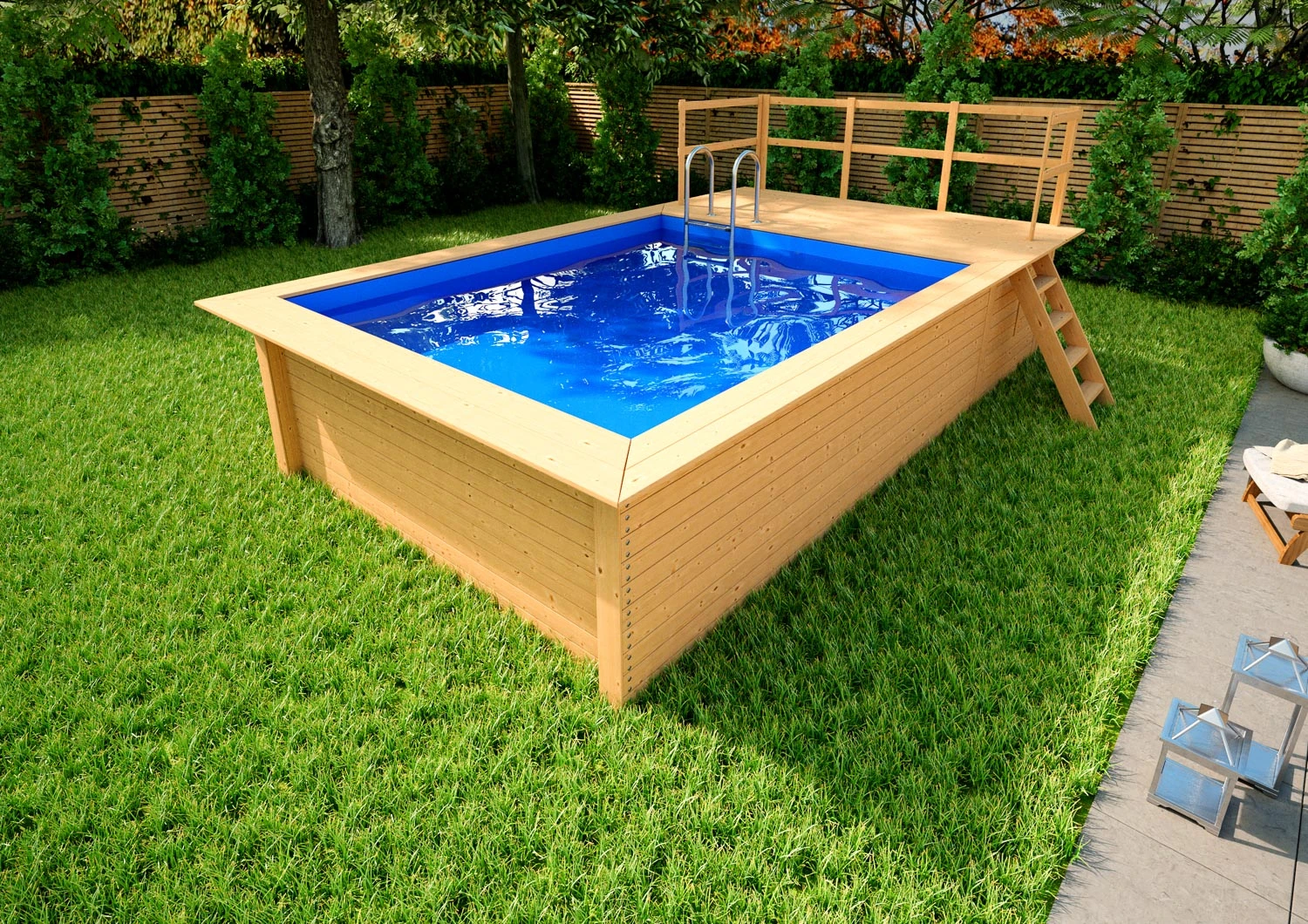 Holzpool Rechteckig Mit Stirnseitiger Terrasse Natur/ Blau - 320 X 350 Cm 4 Holzpool Rechteckig Mit Stirnseitiger Terrasse Natur/ Blau - 320 X 350 Cm – Bild 2