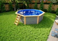 Holzpool Rund Klein Grau/ Blau - 400 X 400 X 124 Cm -Swimmingpool Verkaufsladen Holzpool Einzelbecken Rund Blau Wassergra 001