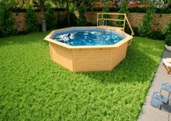 Holzpool Rund Mit Stirnseitiger Terrasse Natur/ Grau - 400 X 400 Cm -Swimmingpool Verkaufsladen Holzpool Einzelbecken Rund Grau Sonnendeck Natur 001