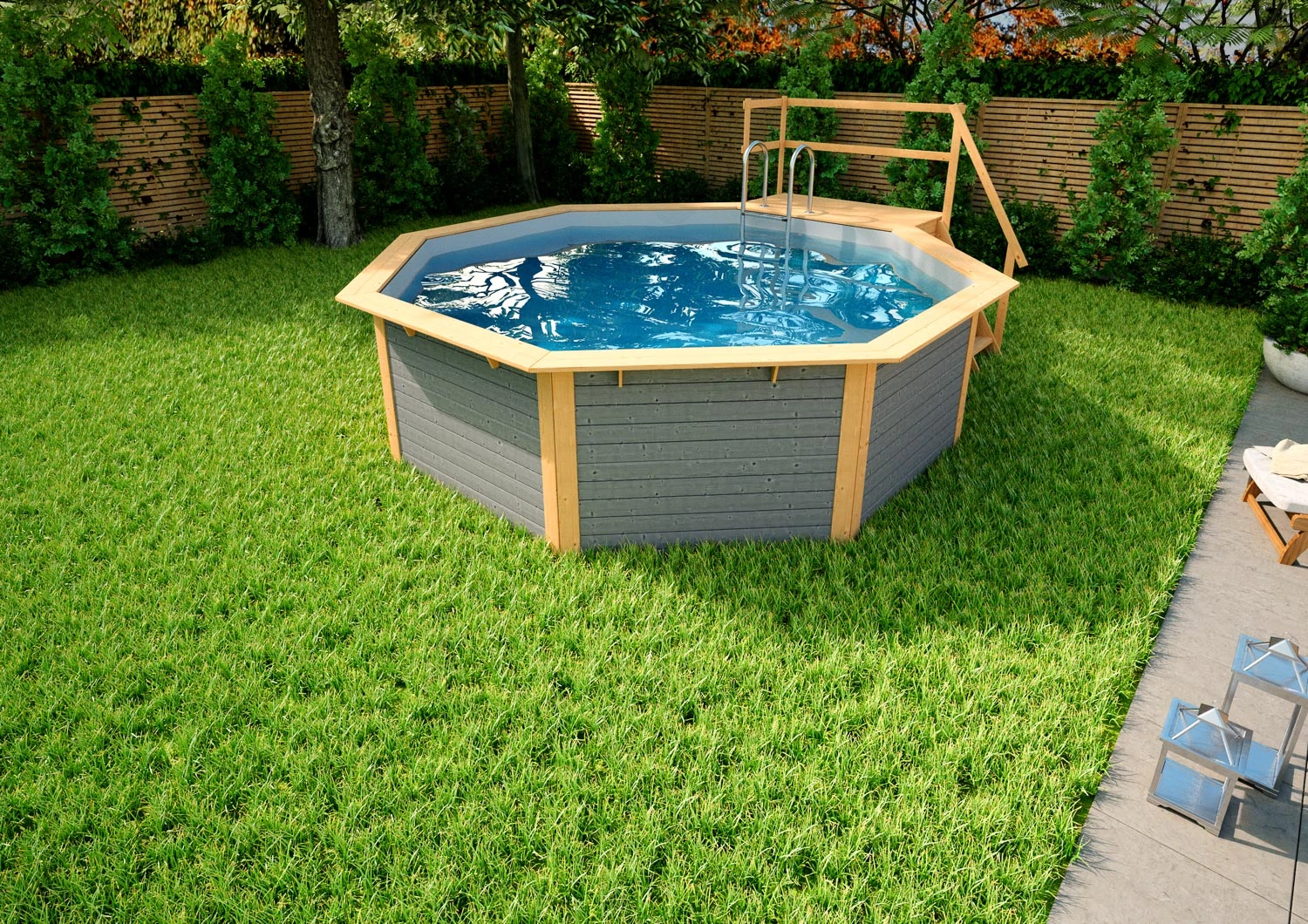 Holzpool Rund Mit Stirnseitiger Terrasse Grau/ Grau - 400 X 400 Cm 4 Holzpool Rund Mit Stirnseitiger Terrasse Grau/ Grau - 400 X 400 Cm – Bild 2